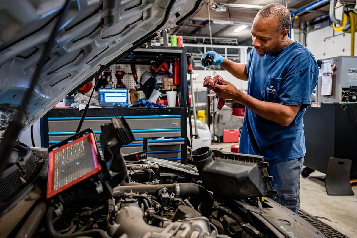 A mechanic working on a car engine beside a diagnostic tablet