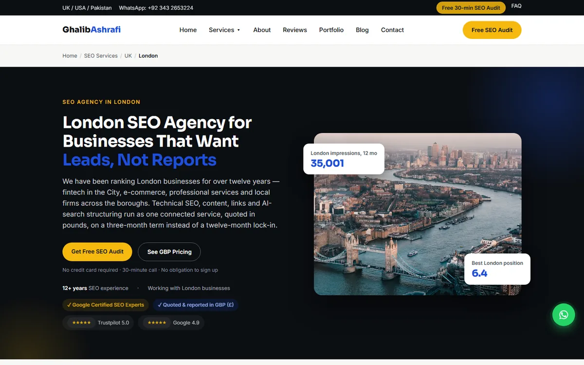 Screenshot of the London SEO page on ghalibashrafi.com