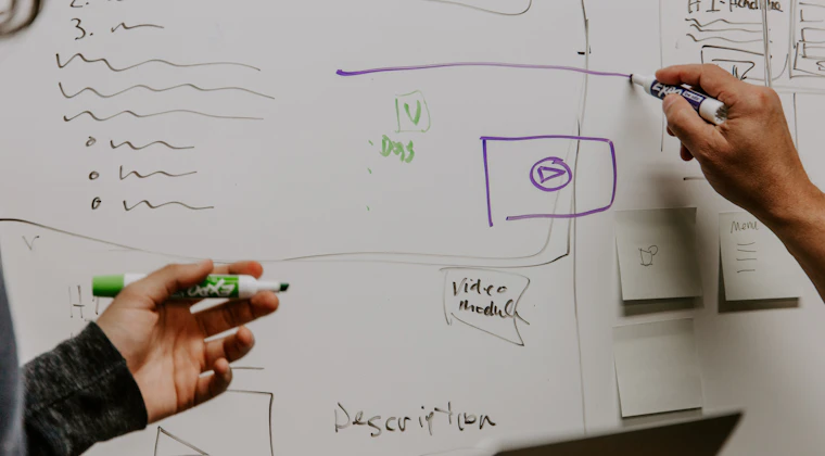 Two people mapping out a project plan on a whiteboard