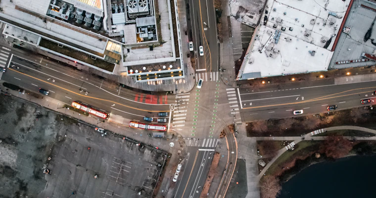 Aerial view of city streets and buildings