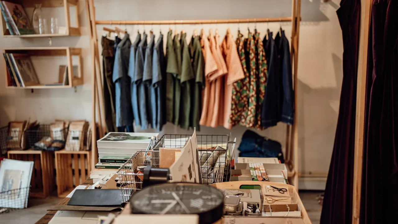 Interior of an independent clothing boutique with rails and displays