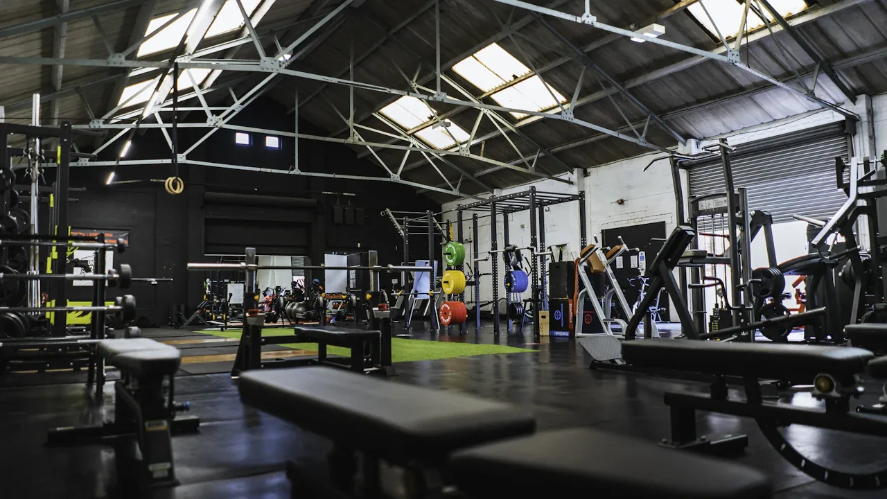 Interior of an independent gym with weights and equipment