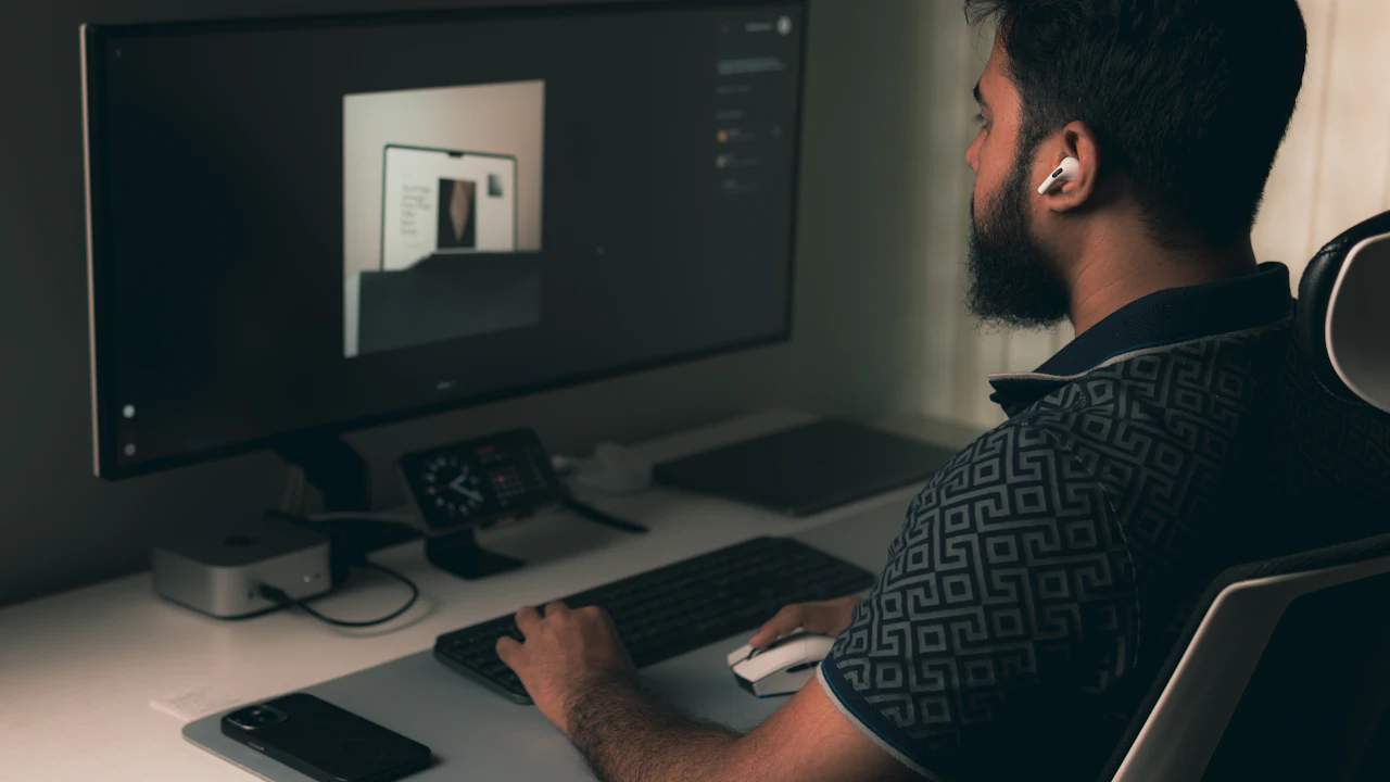 Developer working on a website design at an ultrawide monitor